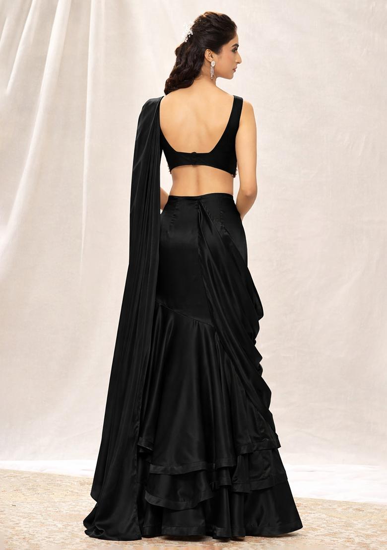 Jet Black Sequin Handwork Pre Draped Saree Set - Indya