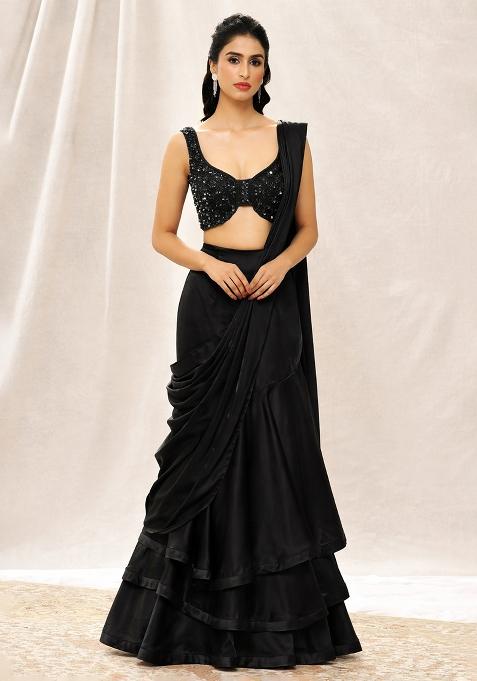 Jet Black Sequin Handwork  Pre Draped Saree Set