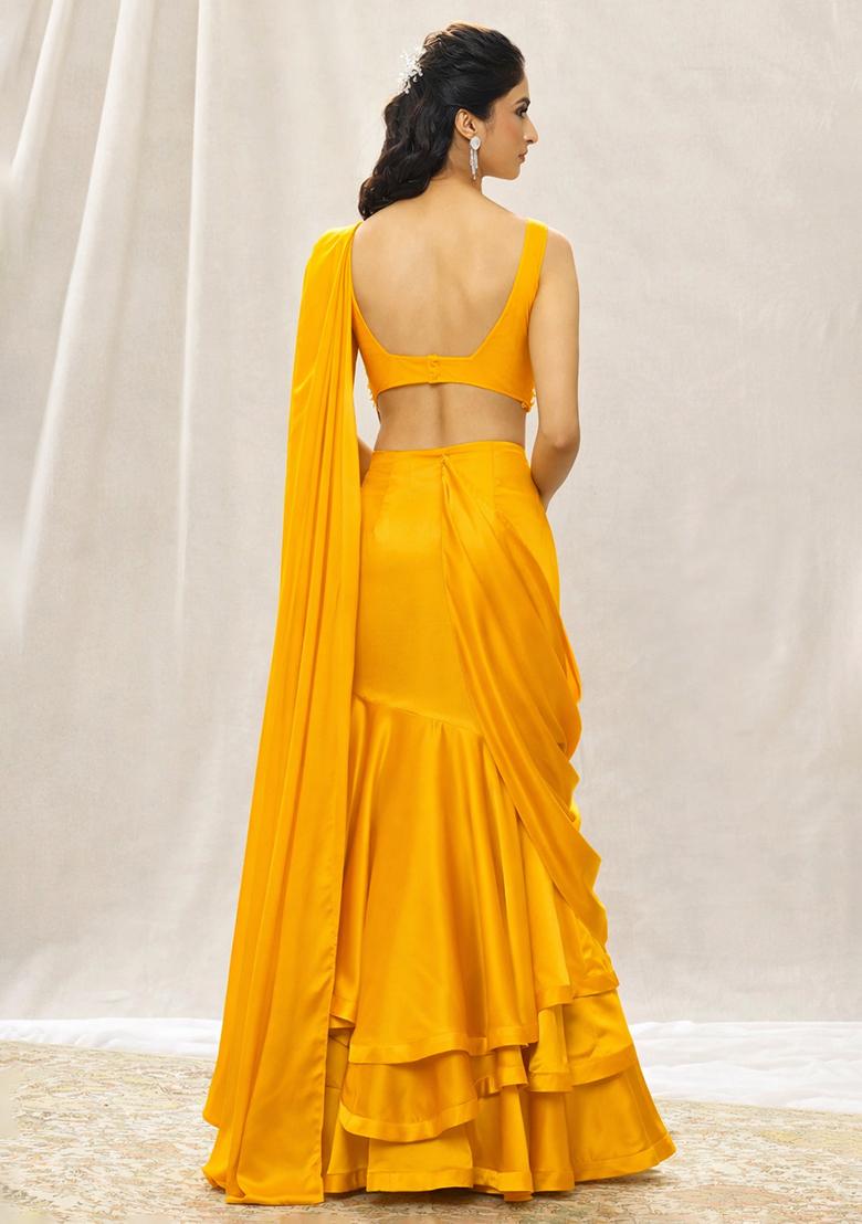Mustard Yellow Sequin Handwork Pre Draped Saree Set - Indya