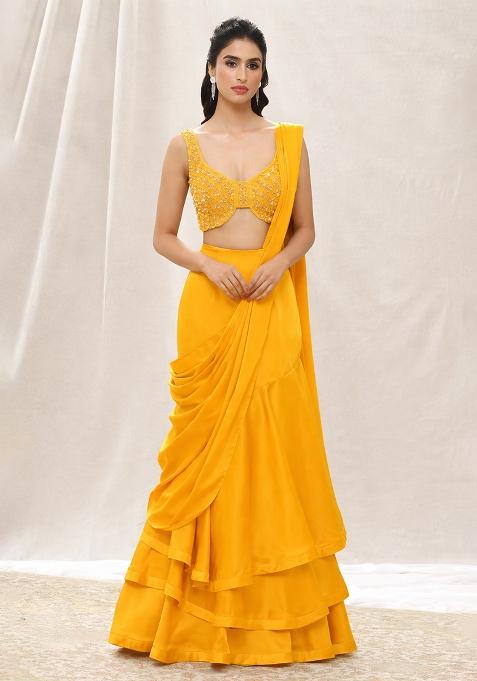 Mustard Yellow Sequin Handwork  Pre Draped Saree Set