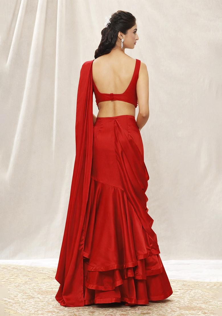 Red Sequin Handwork Pre Draped Saree Set - Indya
