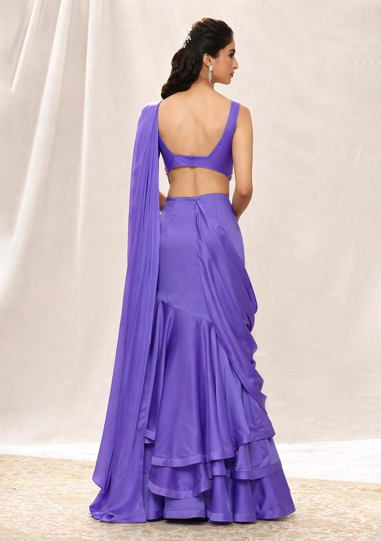 Lavender Sequin Handwork Pre Draped Saree Set - Indya