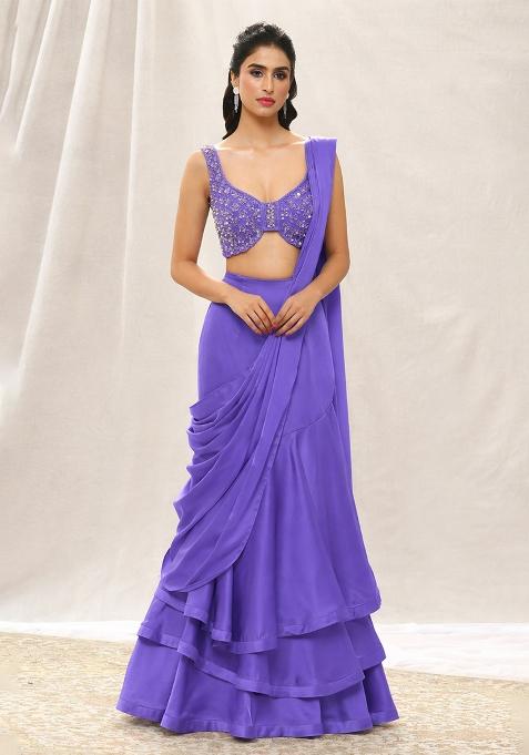 Lavender Sequin Handwork  Pre Draped Saree Set