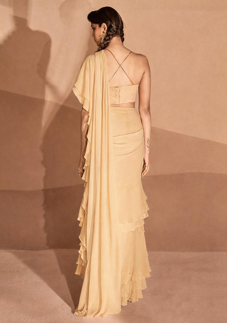 Pastel Yellow Sequin Handwork  Pre Draped Saree Set - Indya