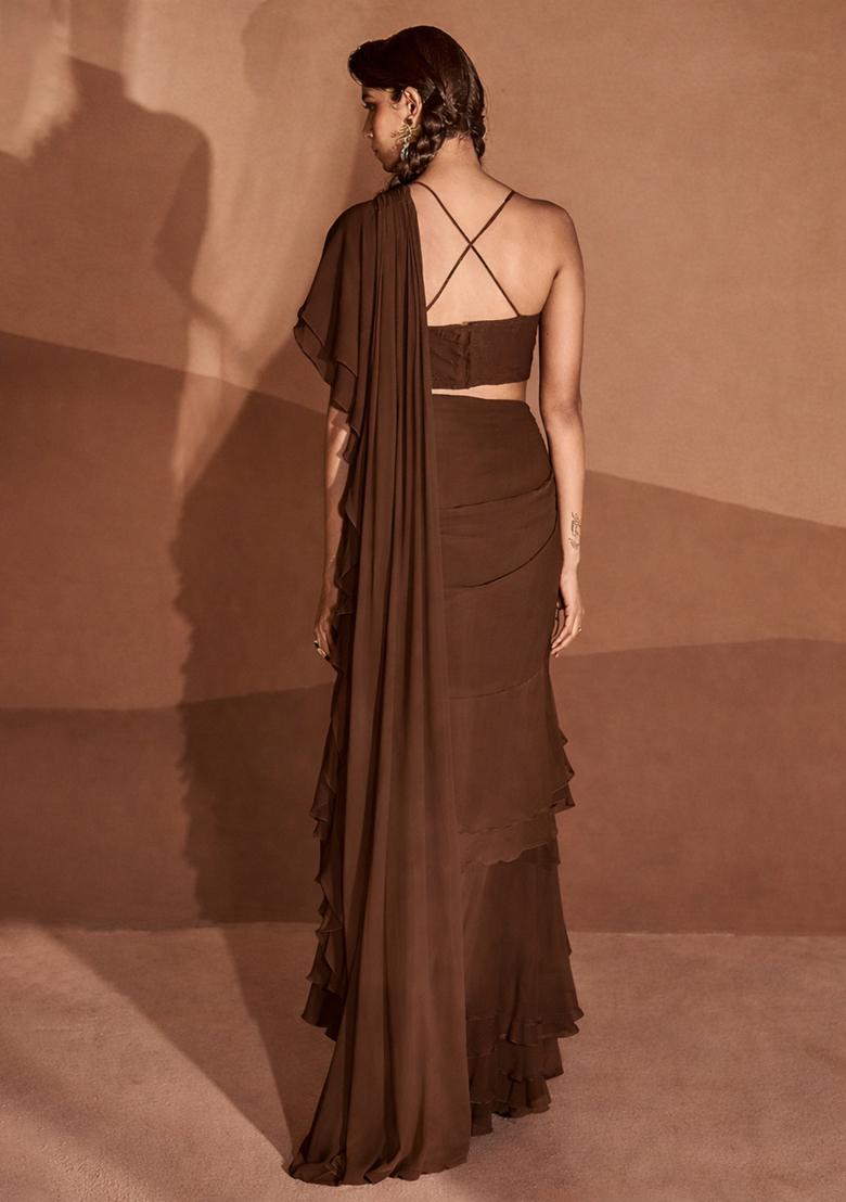 Brown Sequin Handwork Pre Draped Saree Set - Indya