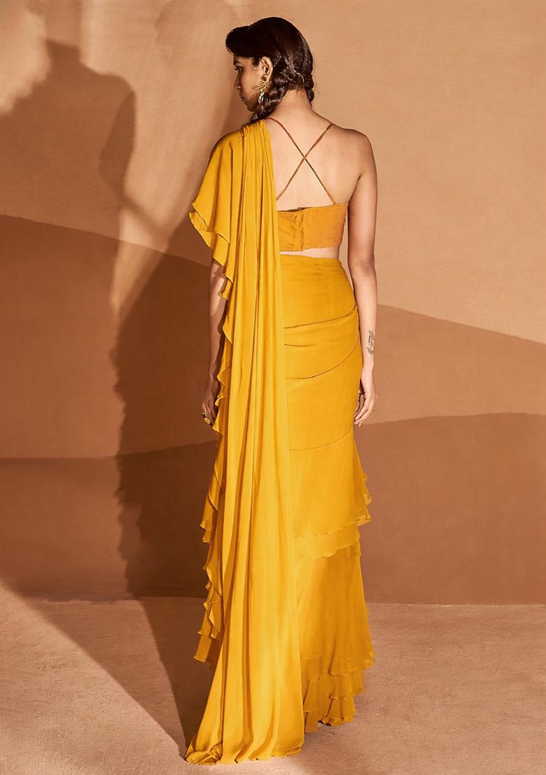Yellow Sequin Handwork  Pre Draped Saree Set - Indya