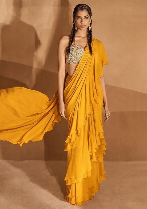 Yellow Sequin Handwork  Pre Draped Saree Set