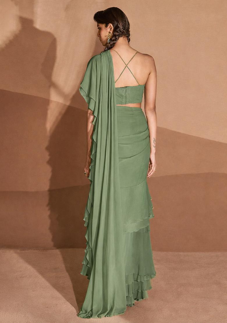 Sage Green Sequin Handwork Pre Draped Saree Set - Indya