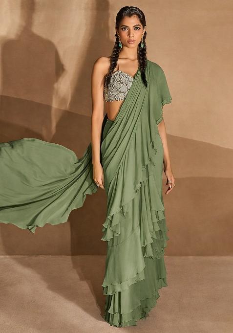 Sage Green Sequin Handwork  Pre Draped Saree Set