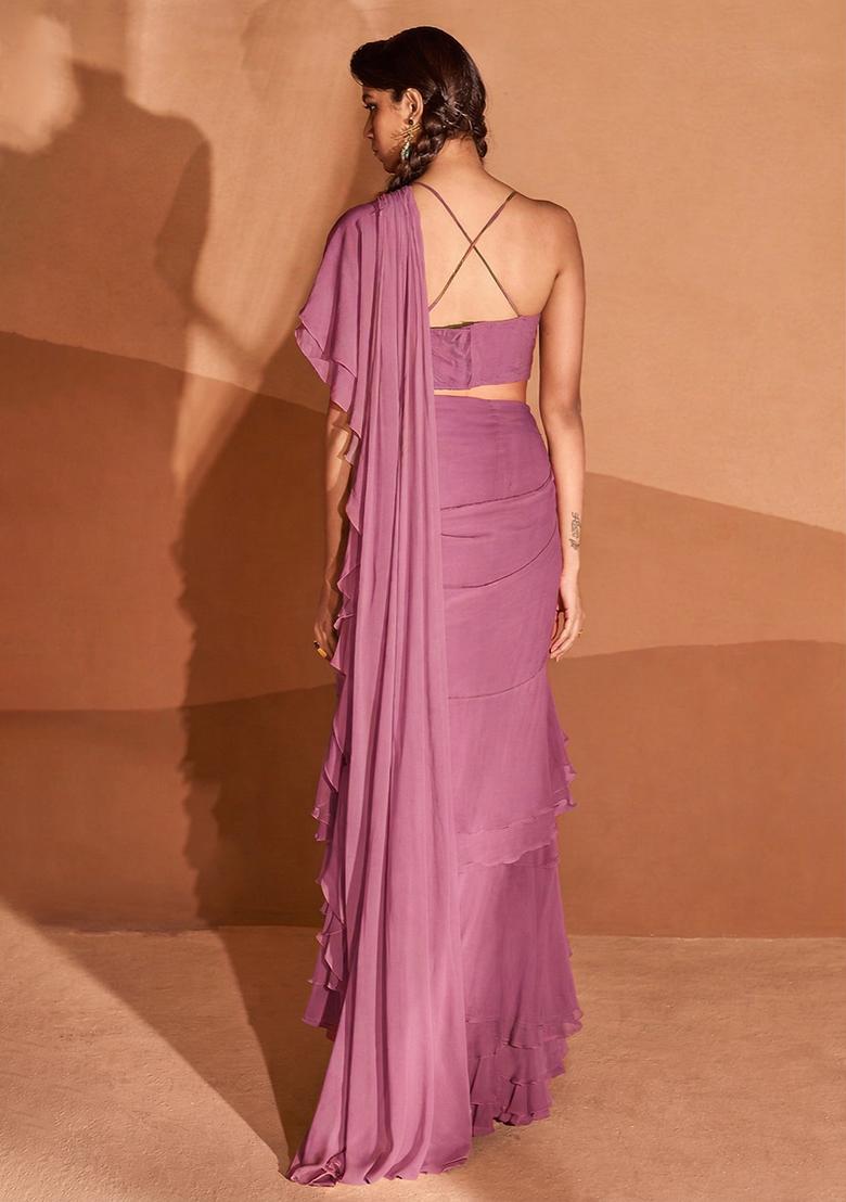 Mauve Sequin Handwork  Pre Draped Saree Set - Indya