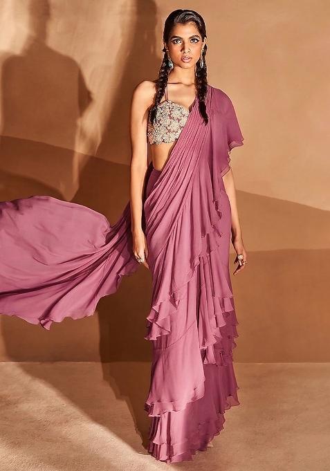 Mauve Sequin Handwork  Pre Draped Saree Set