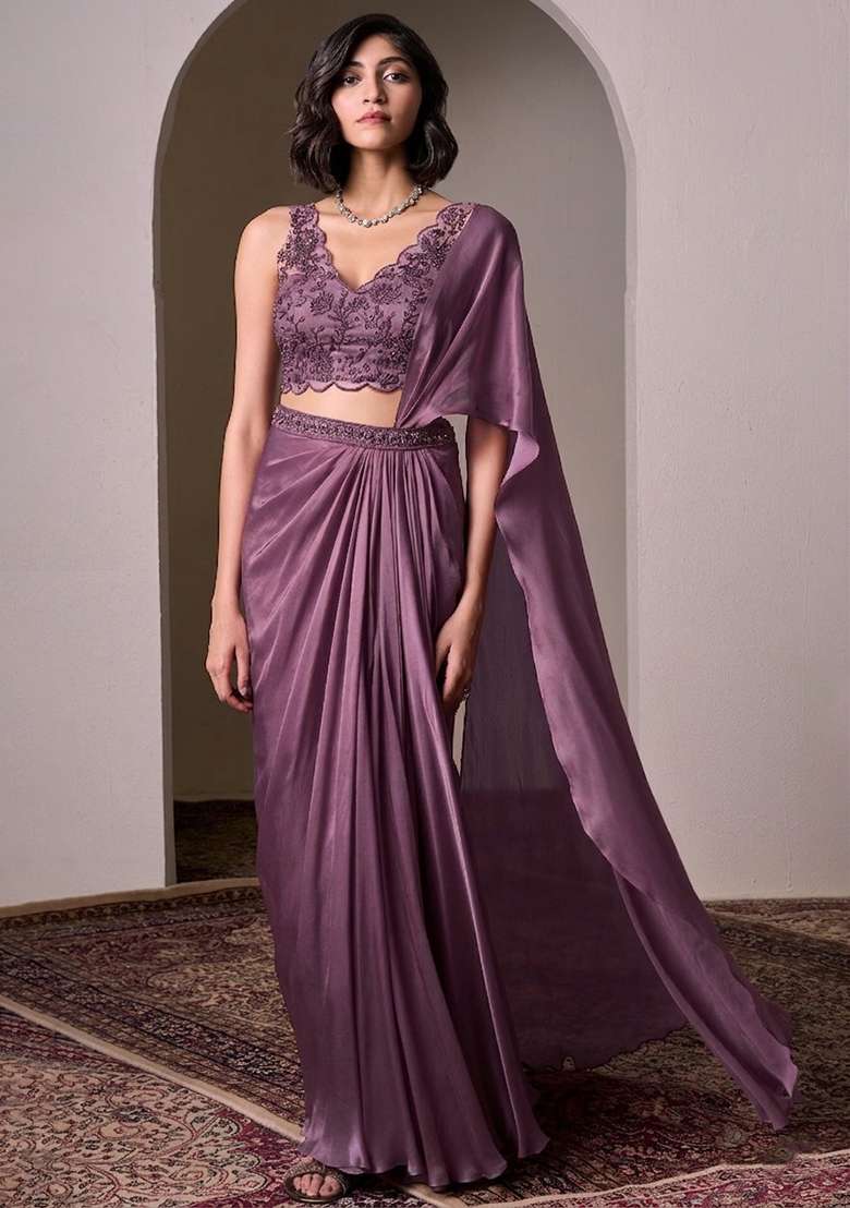 Purple Embroidered Handwork Pre Draped Saree Set - Indya
