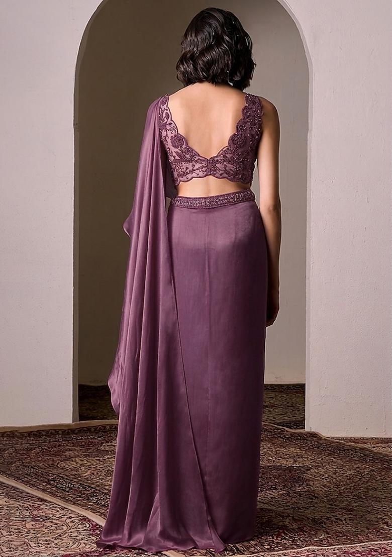 Purple Embroidered Handwork Pre Draped Saree Set - Indya