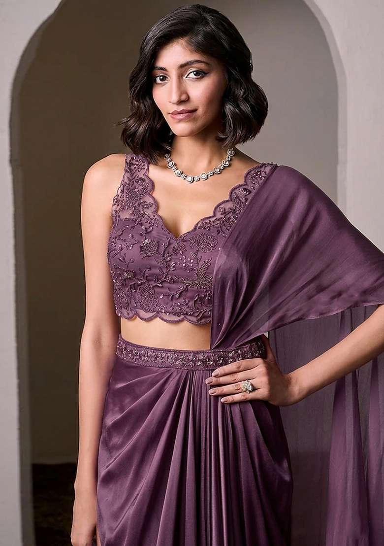 Purple Embroidered Handwork Pre Draped Saree Set - Indya