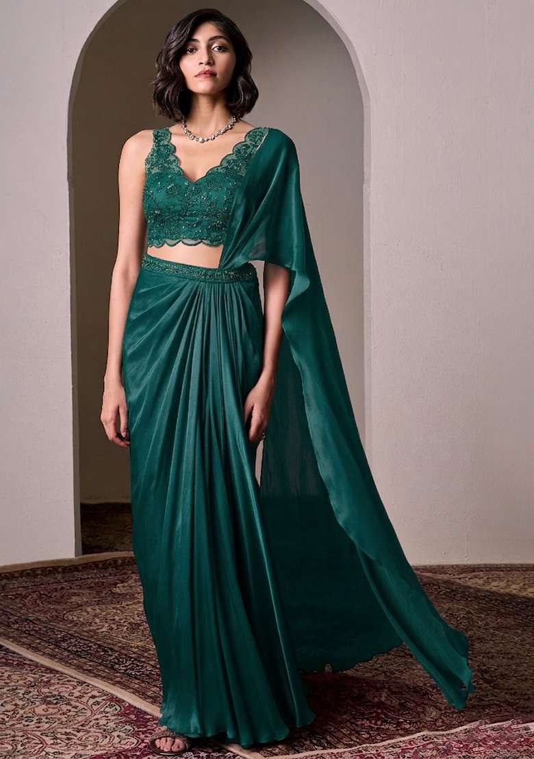 Teal Embroidered Handwork Pre Draped Saree Set - Indya