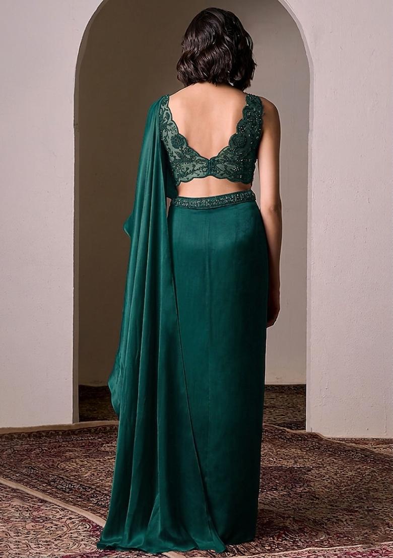Teal Embroidered Handwork Pre Draped Saree Set - Indya