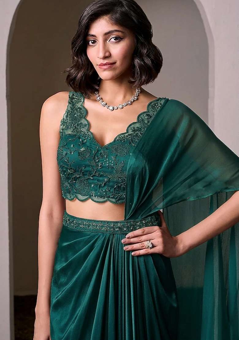 Teal Embroidered Handwork Pre Draped Saree Set - Indya