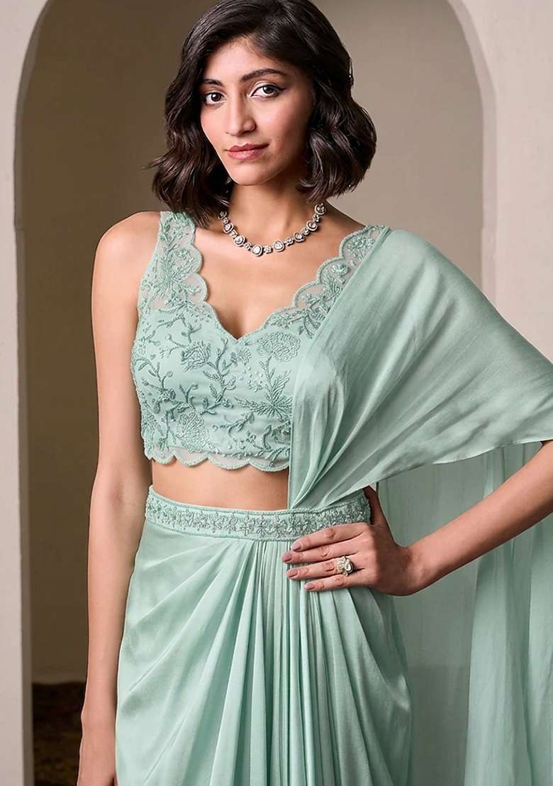 Pastel Blue Embroidered Handwork Pre Draped Saree Set - Indya