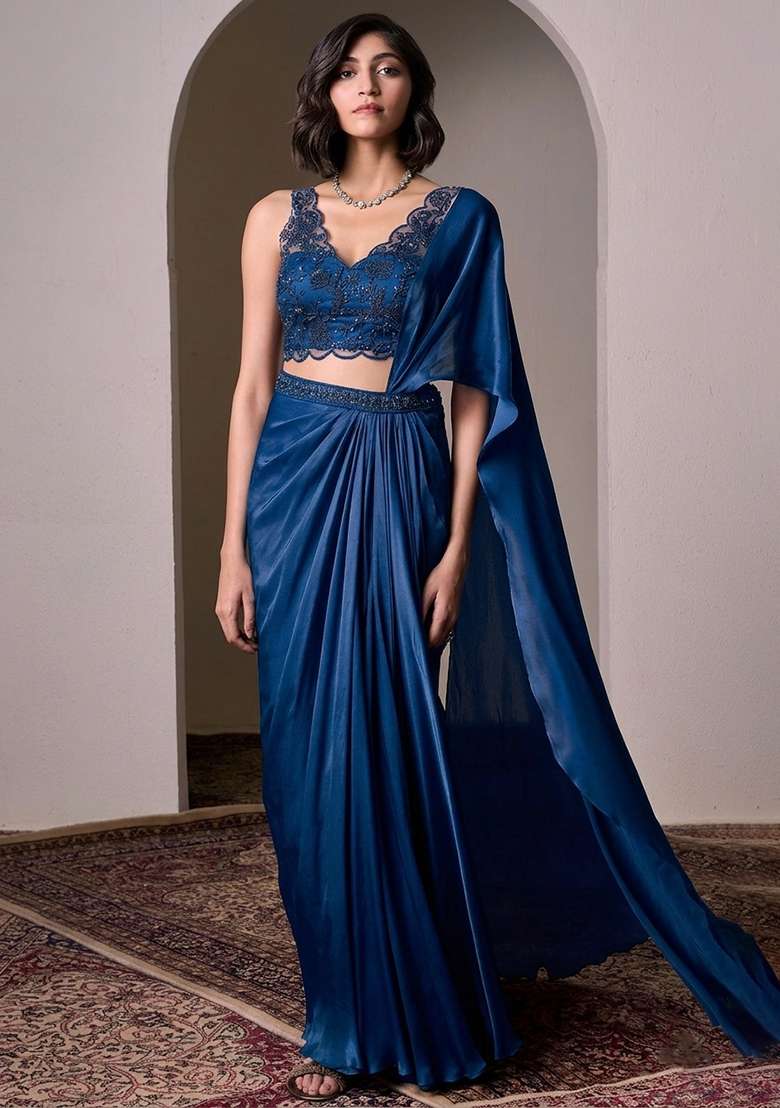 Blue Embroidered Handwork Pre Draped Saree Set - Indya