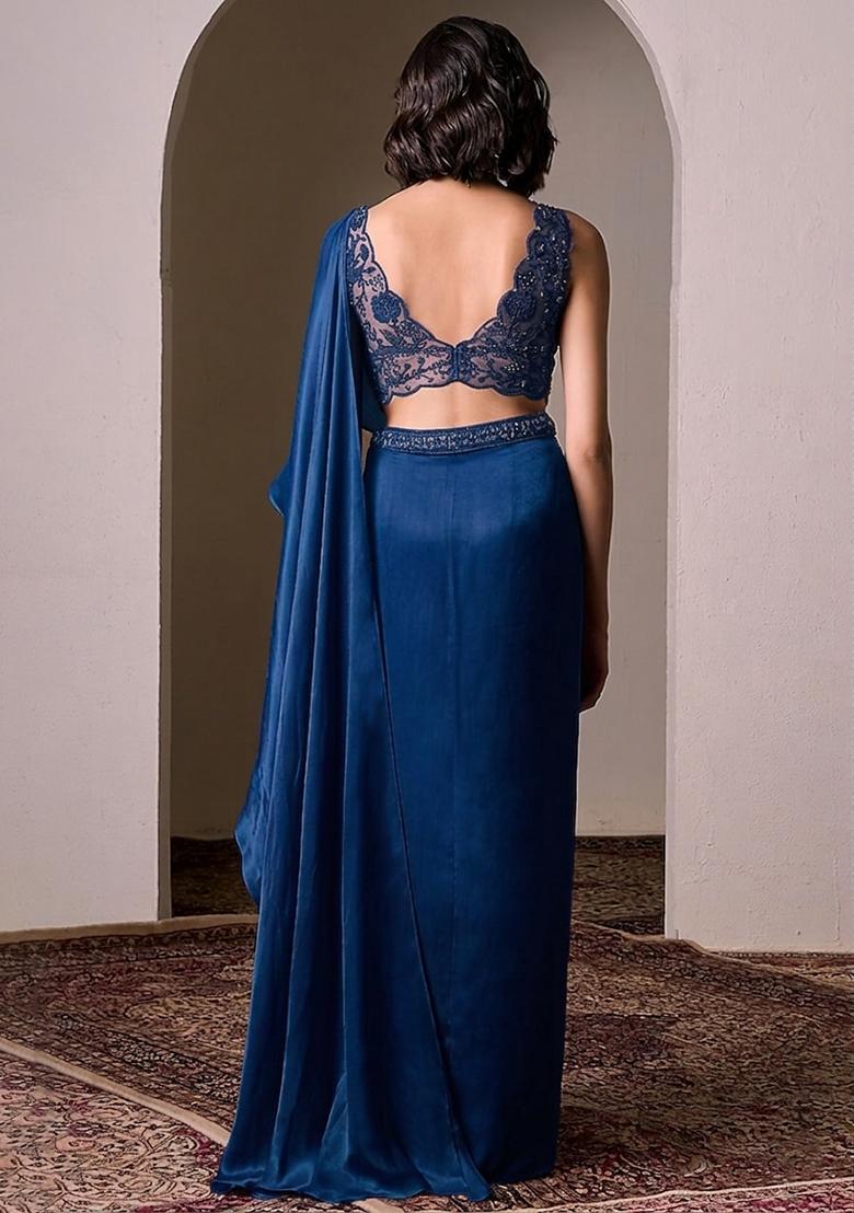 Blue Embroidered Handwork Pre Draped Saree Set - Indya