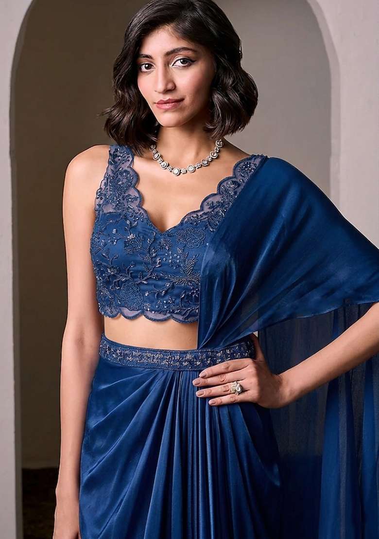 Blue Embroidered Handwork Pre Draped Saree Set - Indya