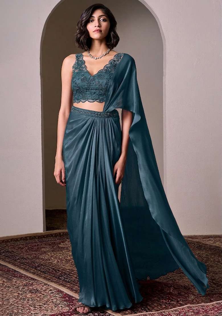 Blue Embroidered Handwork Pre Draped Saree Set - Indya