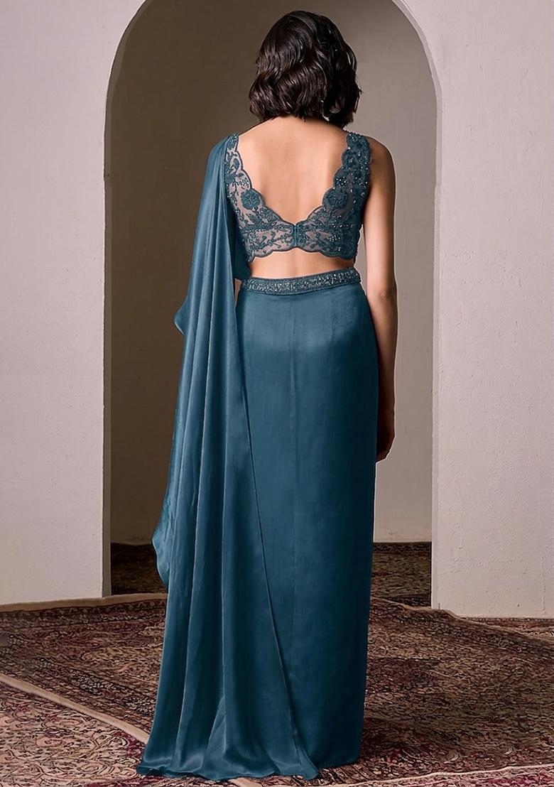 Blue Embroidered Handwork Pre Draped Saree Set - Indya
