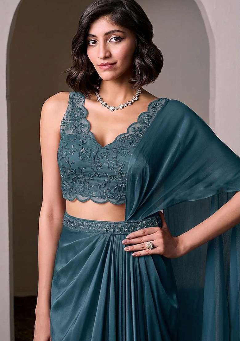 Blue Embroidered Handwork Pre Draped Saree Set - Indya