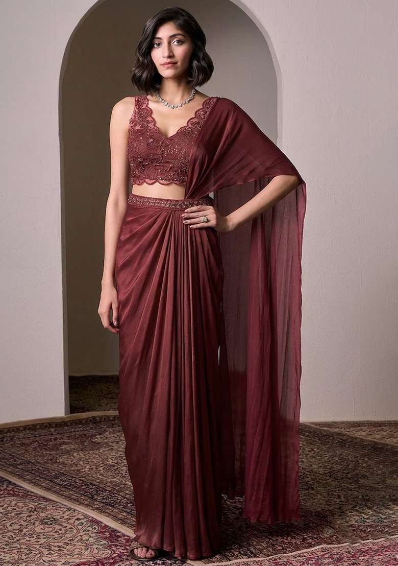 Wine Embroidered Handwork Pre Draped Saree Set - Indya