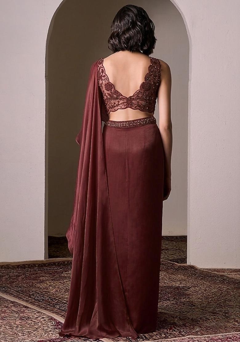 Wine Embroidered Handwork  Pre Draped Saree Set - Indya
