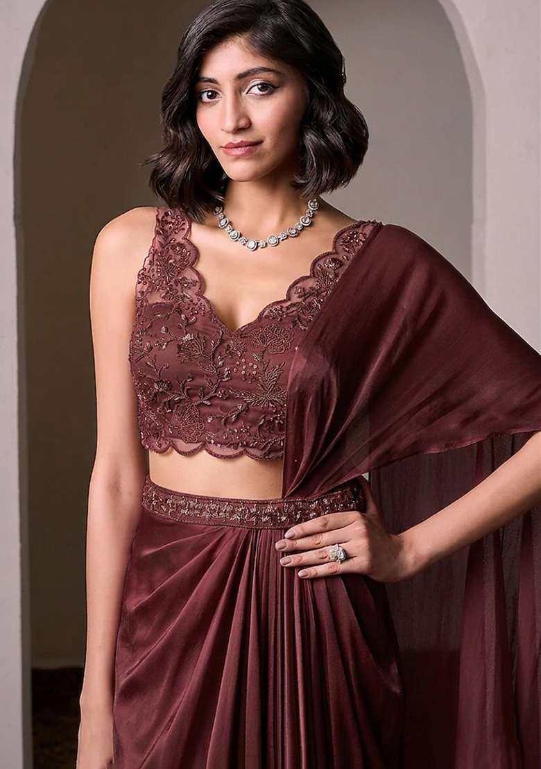 Wine Embroidered Handwork Pre Draped Saree Set - Indya