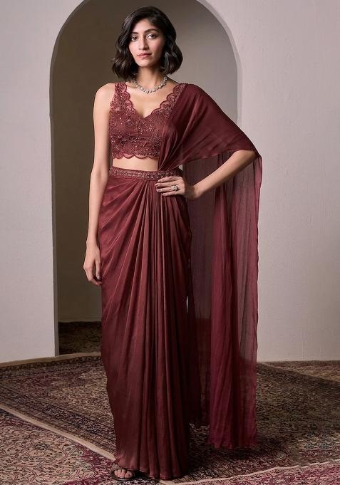 Wine Embroidered Handwork  Pre Draped Saree Set