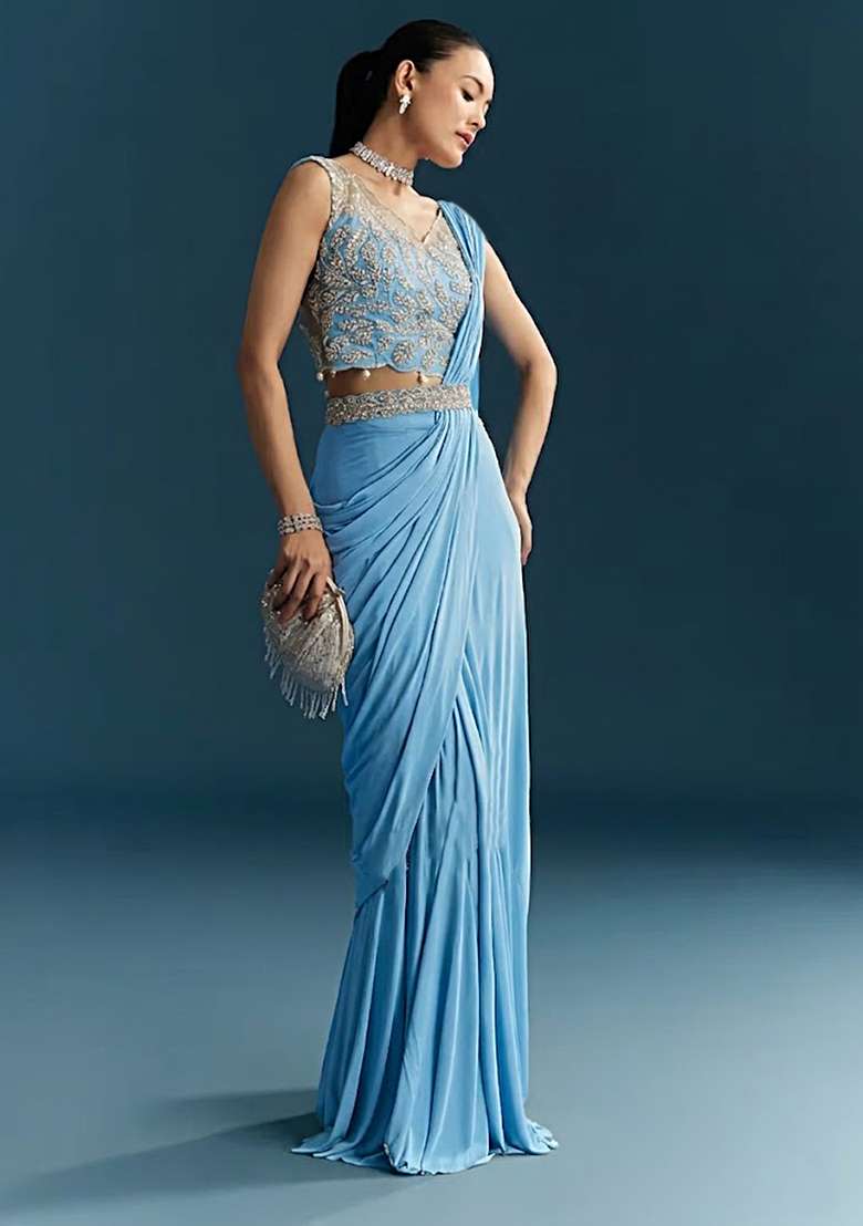 Sky Blue Embroidered Handwork Pre Draped Saree Set - Indya