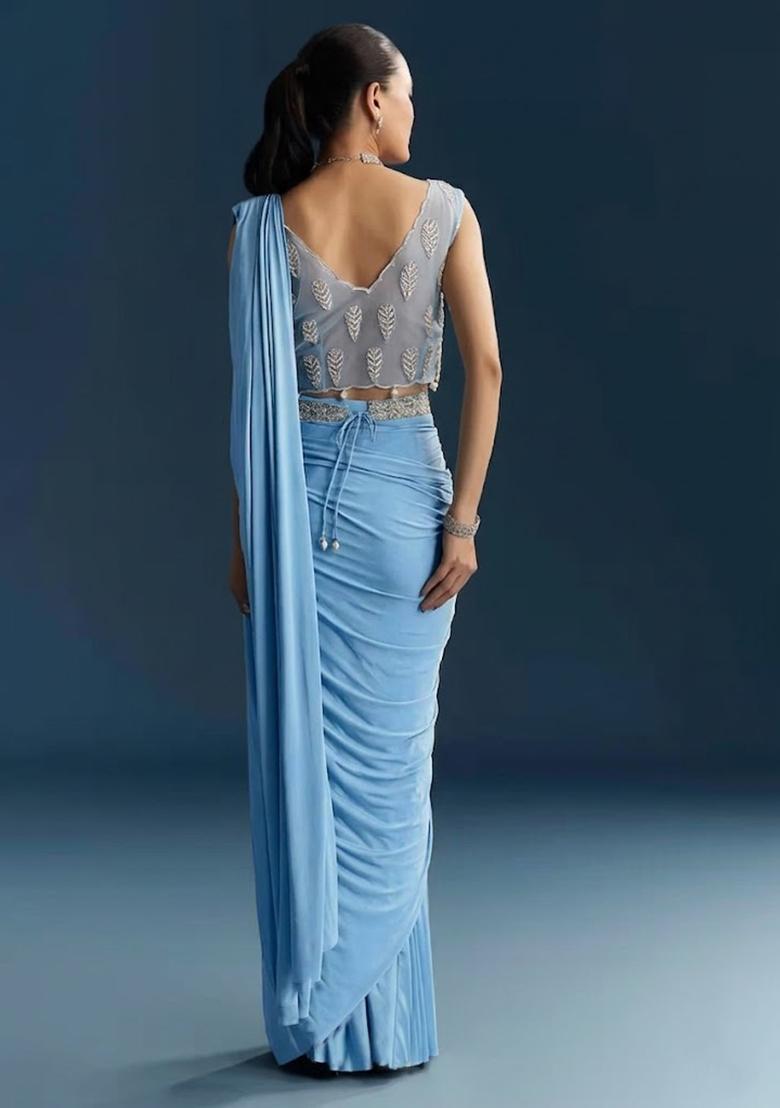 Sky Blue Embroidered Handwork Pre Draped Saree Set - Indya