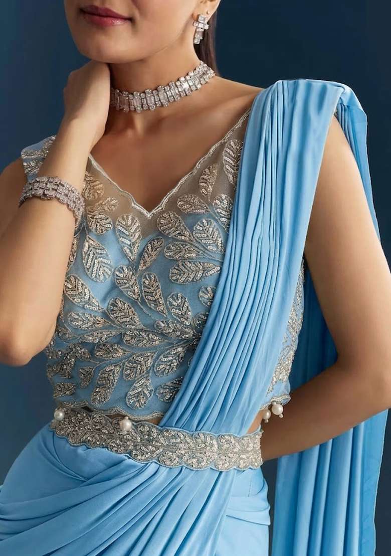 Sky Blue Embroidered Handwork Pre Draped Saree Set - Indya