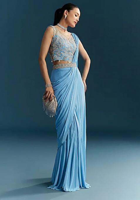 Sky Blue Embroidered Handwork  Pre Draped Saree Set