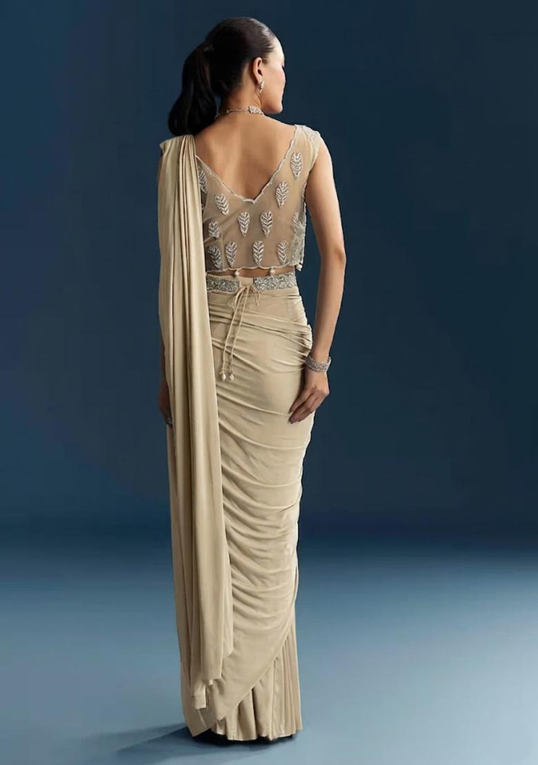 Beige Embroidered Handwork  Pre Draped Saree Set - Indya