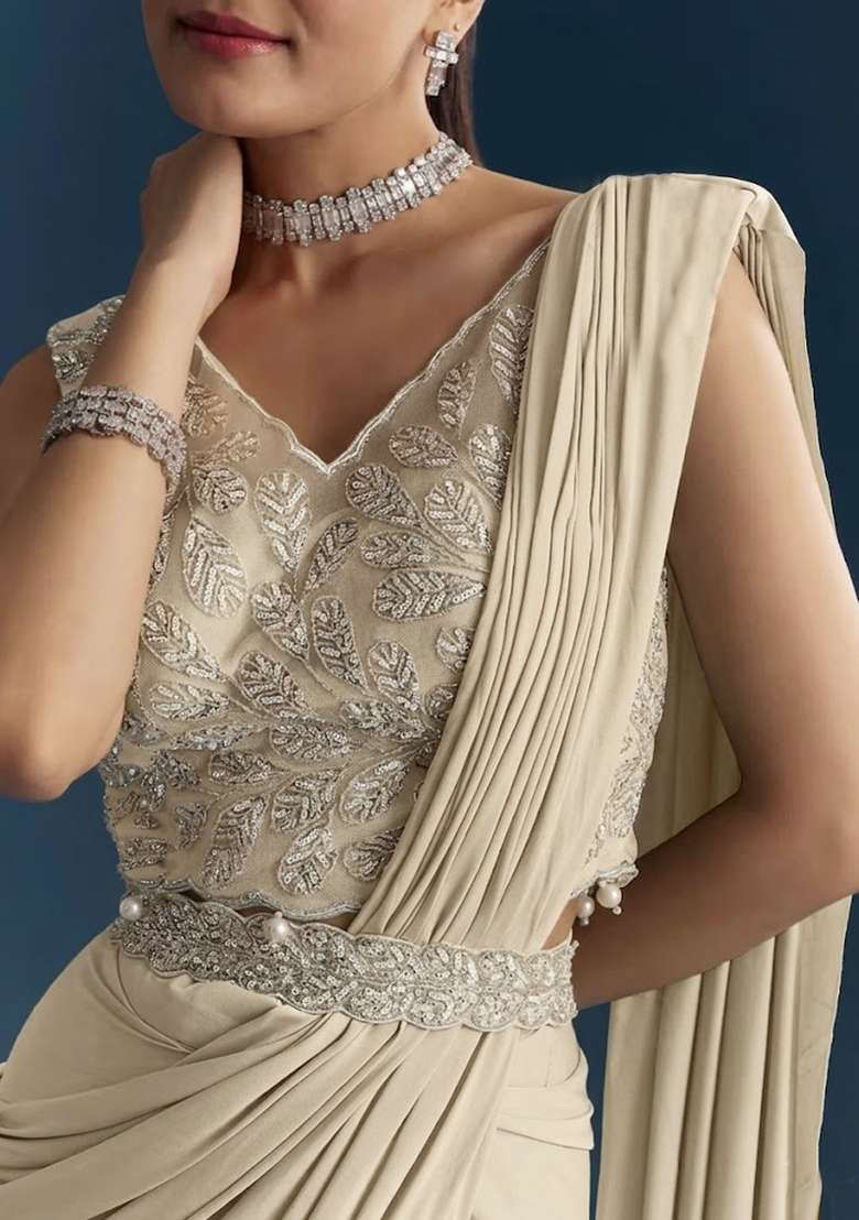 Beige Embroidered Handwork Pre Draped Saree Set - Indya