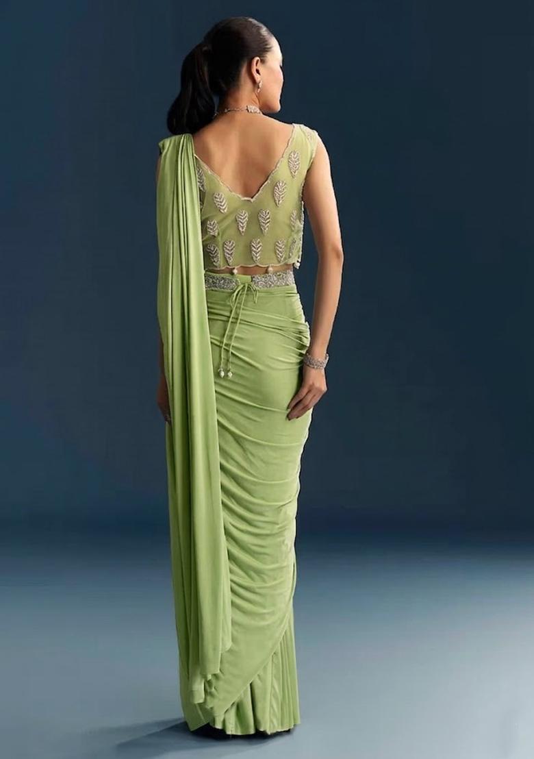 Light Green Embroidered Handwork Pre Draped Saree Set - Indya