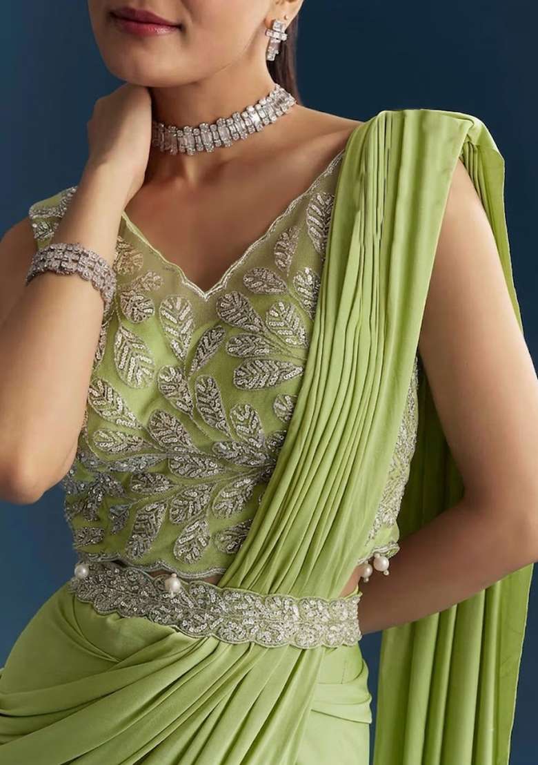 Light Green Embroidered Handwork Pre Draped Saree Set - Indya