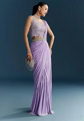 Lavender Embroidered Handwork  Pre Draped Saree Set