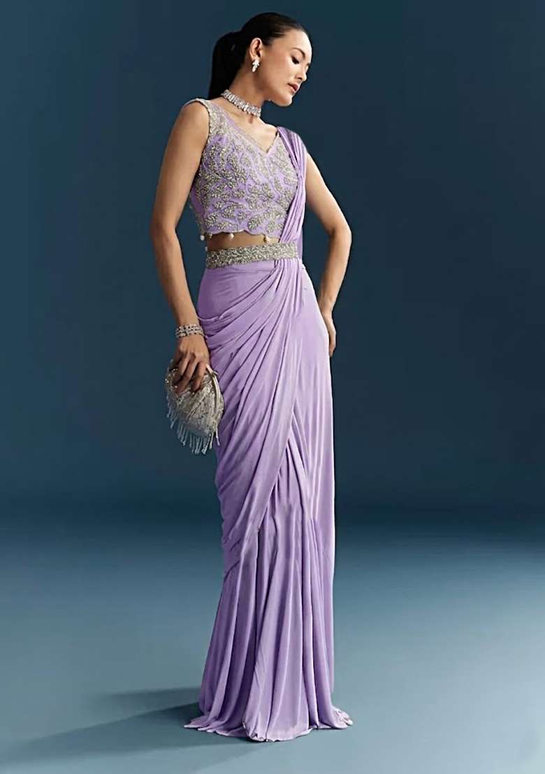 Lavender Embroidered Handwork Pre Draped Saree Set - Indya