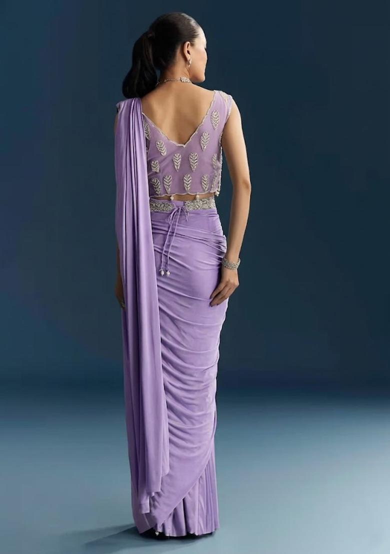 Lavender Embroidered Handwork Pre Draped Saree Set - Indya