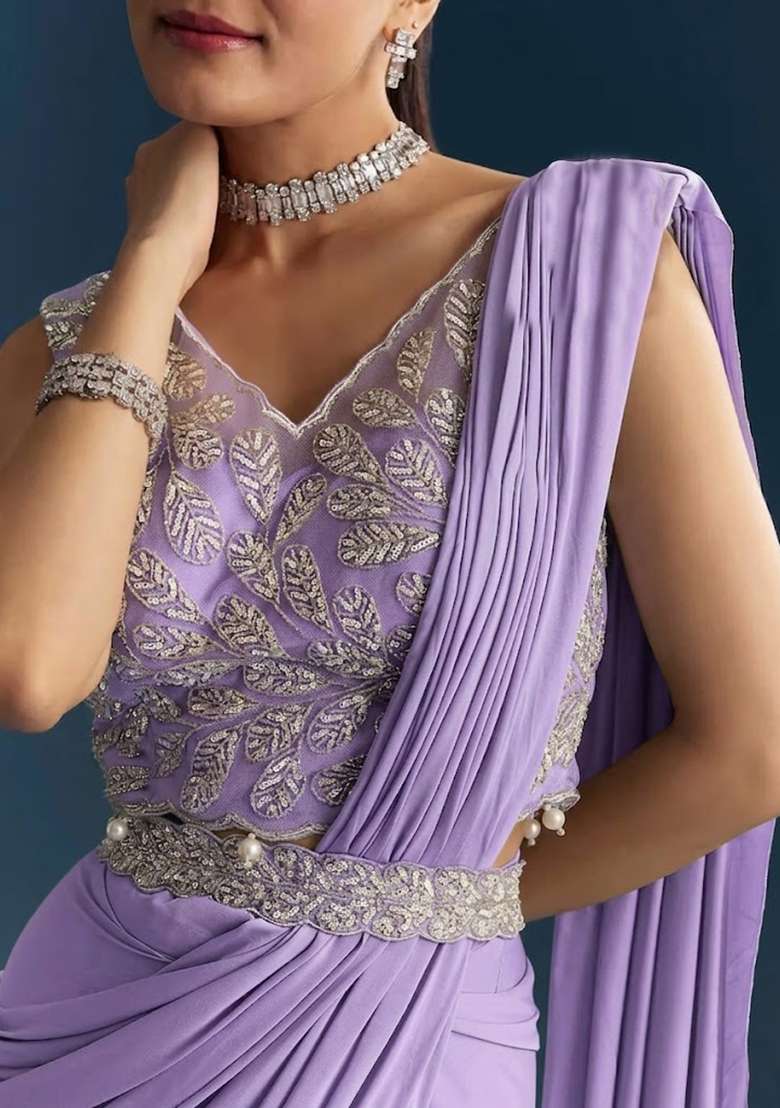 Lavender Embroidered Handwork Pre Draped Saree Set - Indya