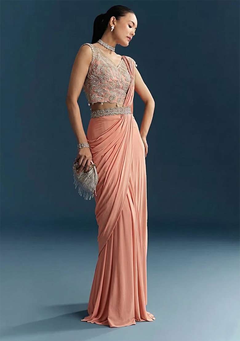 Peach Embroidered Handwork Pre Draped Saree Set - Indya