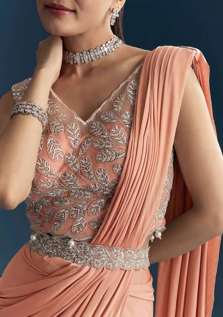 Peach Embroidered Handwork Pre Draped Saree Set - Indya