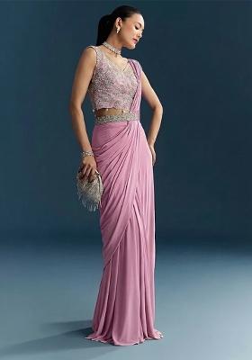 Pink Embroidered Handwork  Pre Draped Saree Set