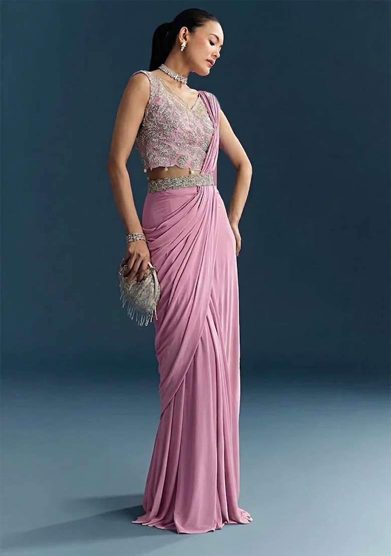 Pink Embroidered Handwork Pre Draped Saree Set - Indya