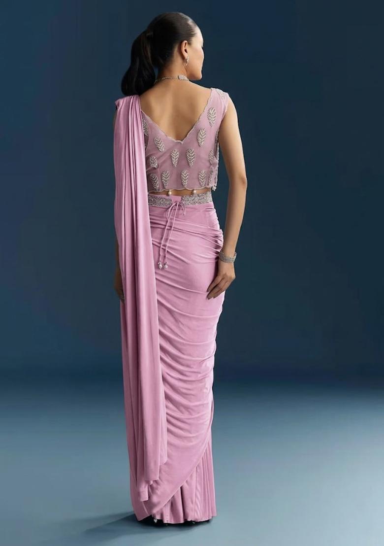 Pink Embroidered Handwork  Pre Draped Saree Set - Indya