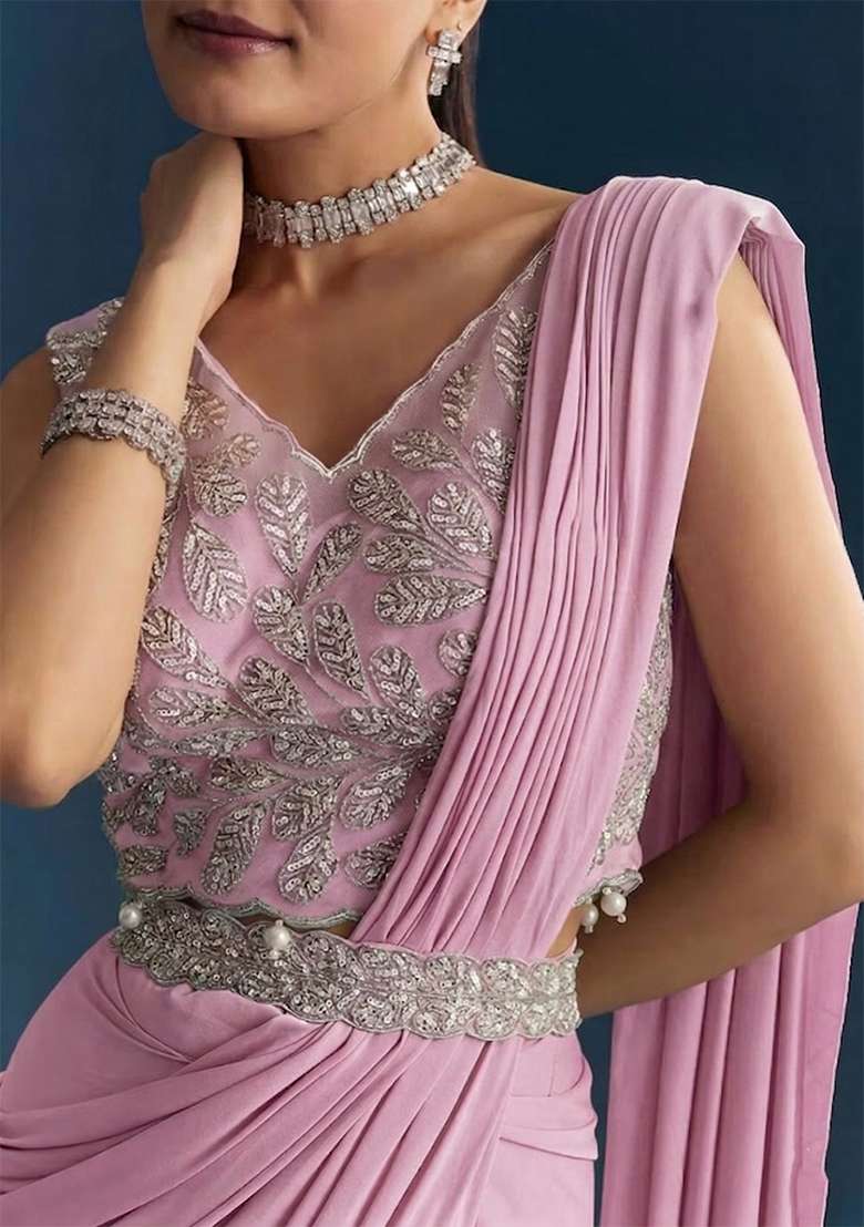Pink Embroidered Handwork Pre Draped Saree Set - Indya